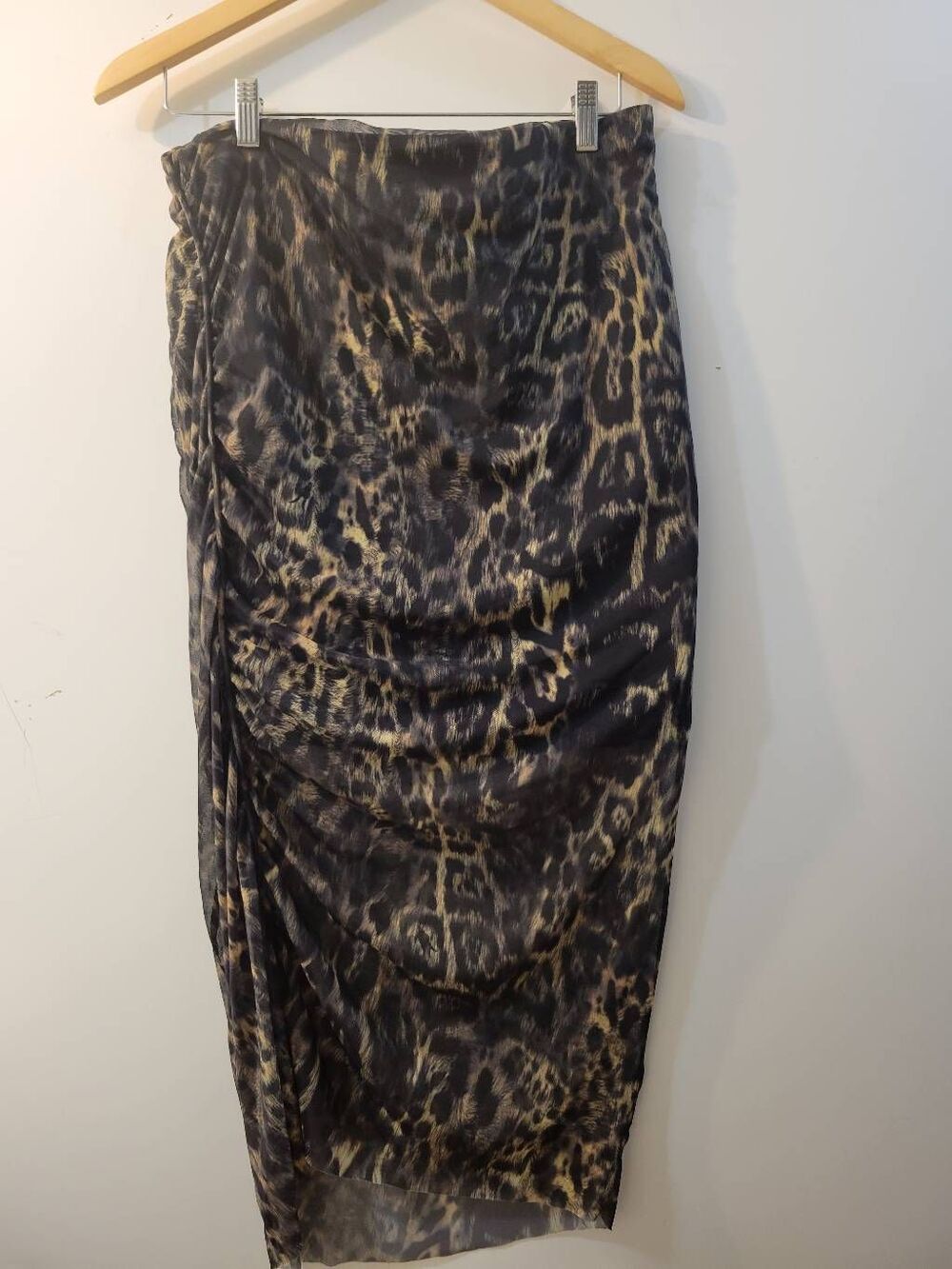 All Saints Nora Leopard Print Mesh Ruched Midi Skirt Sheer Overlay Size 10 - Picture 4 of 14